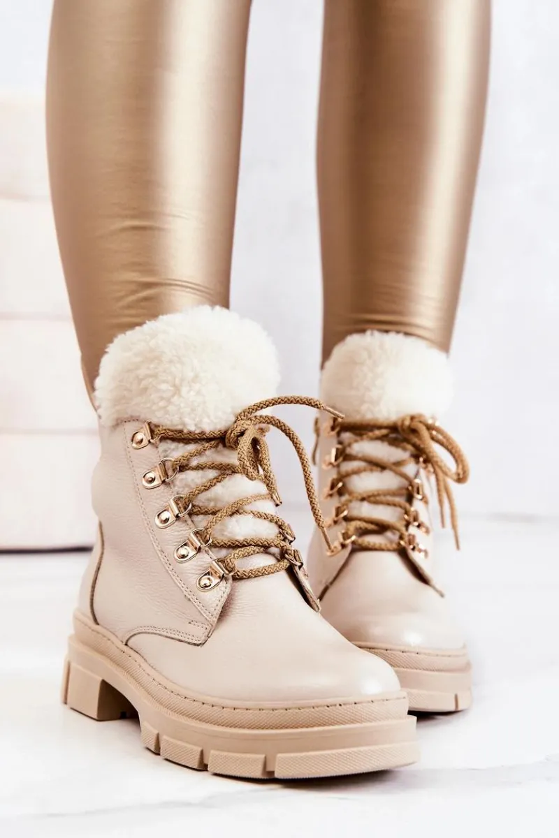 Skórzane Ocieplane Botki Trapery Beżowe Molissa Damskie Damskie Trapery|Botki Sznurowane