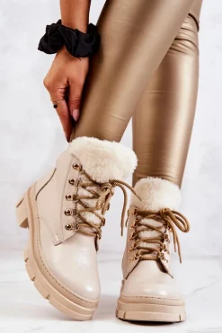 Skórzane Ocieplane Botki Trapery Beżowe Molissa Damskie Damskie Trapery|Botki Sznurowane
