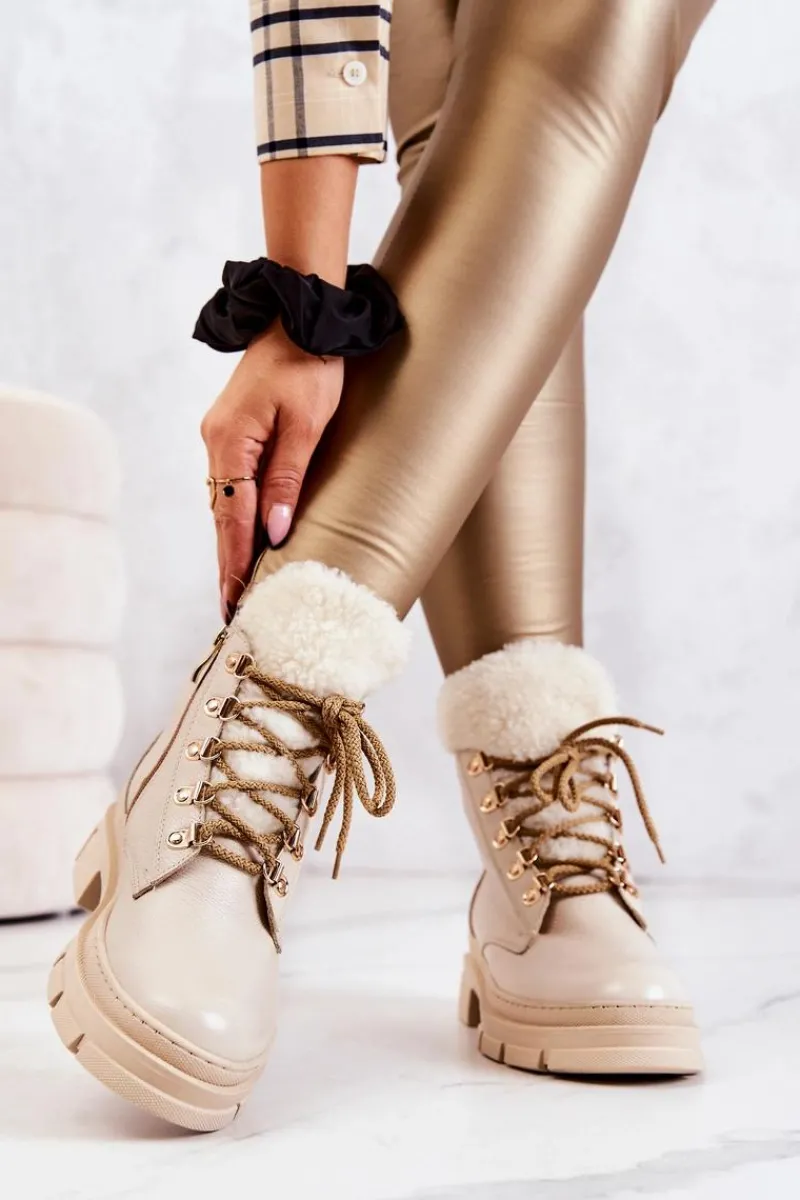 Skórzane Ocieplane Botki Trapery Beżowe Molissa Damskie Damskie Trapery|Botki Sznurowane