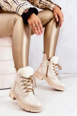 Skórzane Ocieplane Botki Trapery Beżowe Molissa Damskie Damskie Trapery|Botki Sznurowane