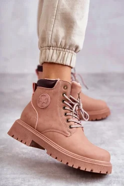 Best Evento Skórzane Ocieplane Botki Trapery Różowe Felizia