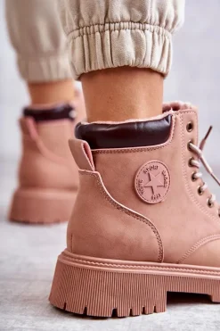 Best Evento Skórzane Ocieplane Botki Trapery Różowe Felizia