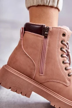 Best Evento Skórzane Ocieplane Botki Trapery Różowe Felizia