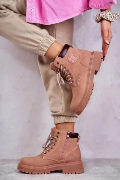 Best Evento Skórzane Ocieplane Botki Trapery Różowe Felizia