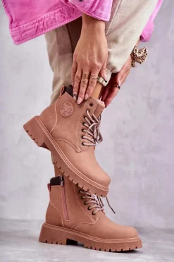 Best Evento Skórzane Ocieplane Botki Trapery Różowe Felizia