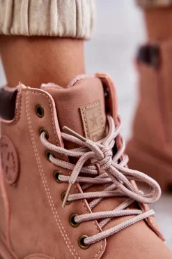 Best Evento Skórzane Ocieplane Botki Trapery Różowe Felizia