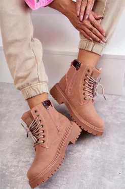 Best Evento Skórzane Ocieplane Botki Trapery Różowe Felizia