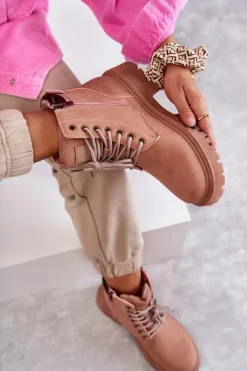 Best Evento Skórzane Ocieplane Botki Trapery Różowe Felizia