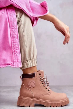 Best Evento Skórzane Ocieplane Botki Trapery Różowe Felizia