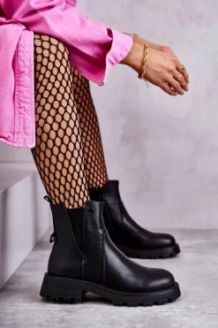 Czarne Botki|Botki Zimowe Damskie>Boto Skórzane Ocieplane Botki Workery Na Płaskim Obcasie Czarne Salome