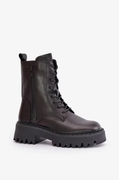 Best Big Star Shoes Skórzane Ocieplane Botki Workery Damskie Big Star OO274A387 Czarne