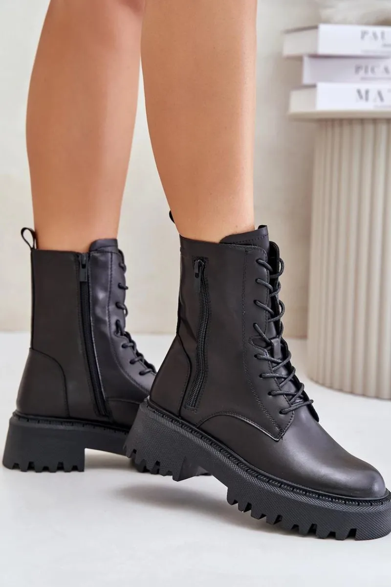 Best Big Star Shoes Skórzane Ocieplane Botki Workery Damskie Big Star OO274A387 Czarne