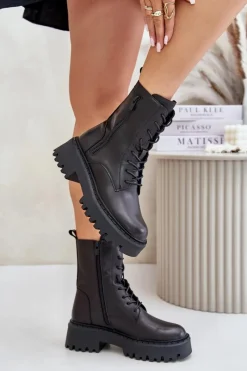 Best Big Star Shoes Skórzane Ocieplane Botki Workery Damskie Big Star OO274A387 Czarne