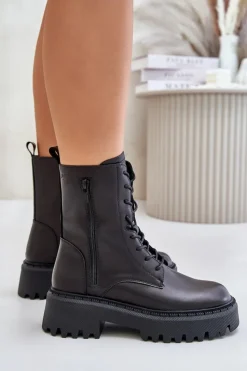 Best Big Star Shoes Skórzane Ocieplane Botki Workery Damskie Big Star OO274A387 Czarne