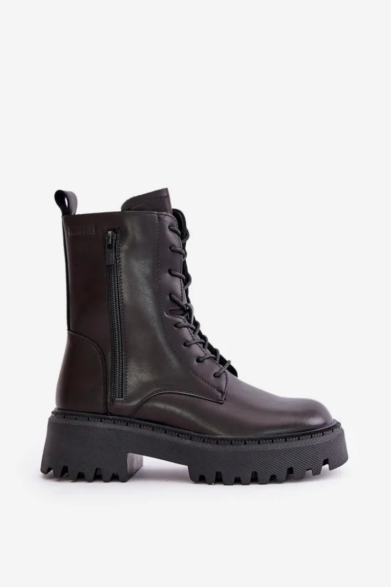 Best Big Star Shoes Skórzane Ocieplane Botki Workery Damskie Big Star OO274A387 Czarne