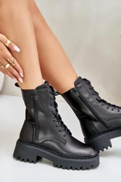 Best Big Star Shoes Skórzane Ocieplane Botki Workery Damskie Big Star OO274A387 Czarne