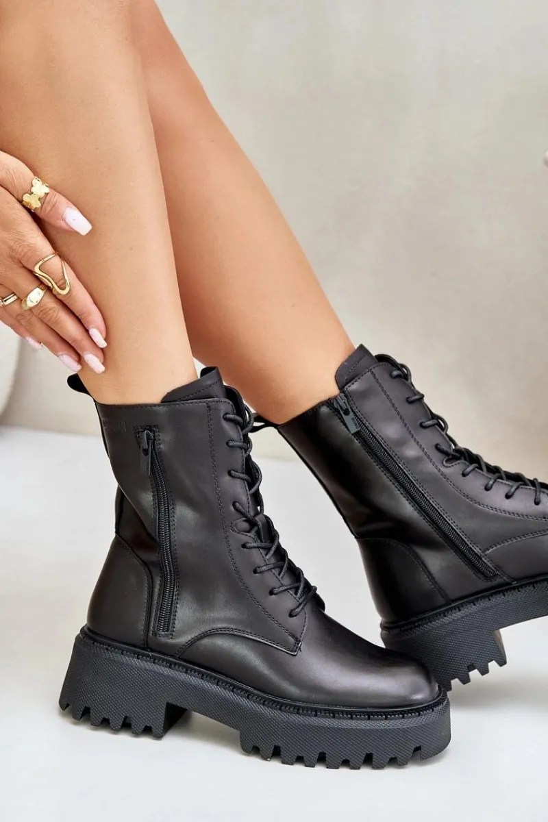 Best Big Star Shoes Skórzane Ocieplane Botki Workery Damskie Big Star OO274A387 Czarne