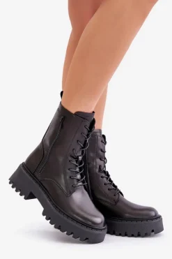 Best Big Star Shoes Skórzane Ocieplane Botki Workery Damskie Big Star OO274A387 Czarne