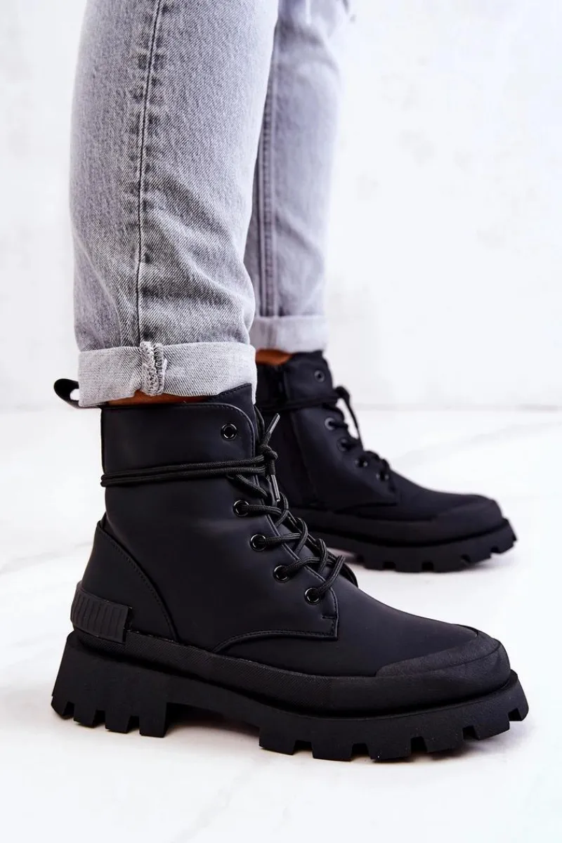 Outlet Skórzane Ocieplane Botki Wiązane Czarne Racquell Damskie Botki Sznurowane|Czarne Botki