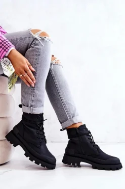 Outlet Skórzane Ocieplane Botki Wiązane Czarne Racquell Damskie Botki Sznurowane|Czarne Botki