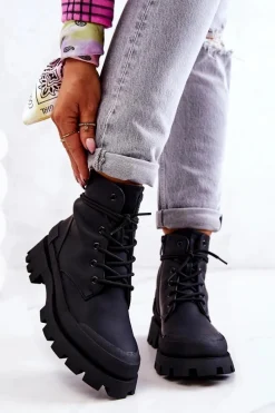 Outlet Skórzane Ocieplane Botki Wiązane Czarne Racquell Damskie Botki Sznurowane|Czarne Botki