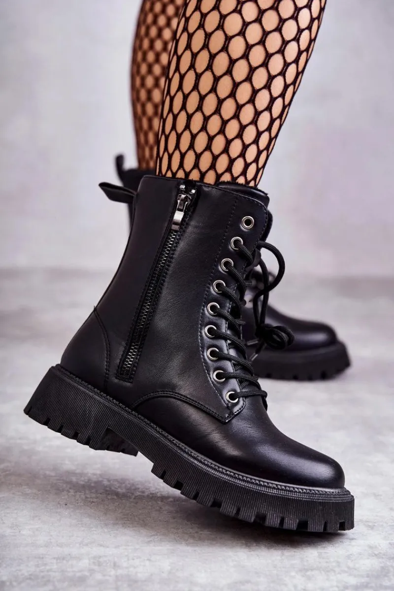 Botki Sznurowane|Czarne Botki>Evento Skórzane Ocieplane Botki Workery wiązane Czarne Maria