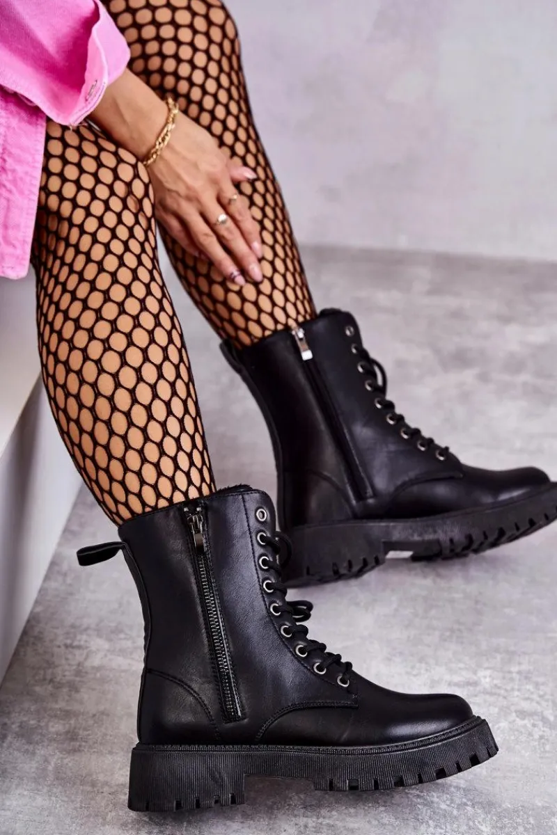 Botki Sznurowane|Czarne Botki>Evento Skórzane Ocieplane Botki Workery wiązane Czarne Maria