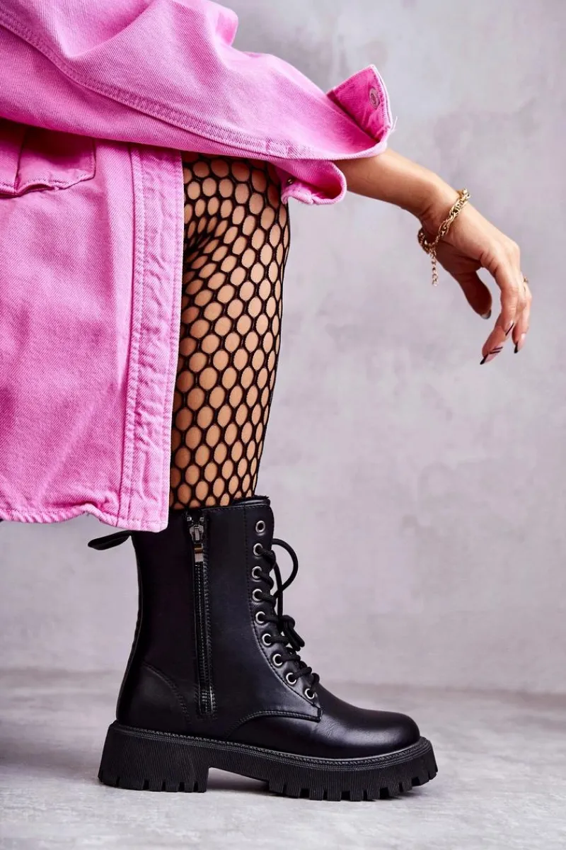 Botki Sznurowane|Czarne Botki>Evento Skórzane Ocieplane Botki Workery wiązane Czarne Maria