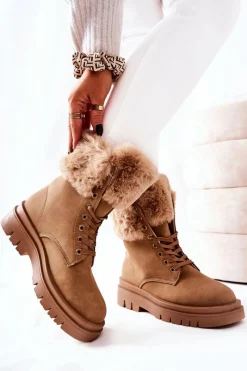 Hot Skórzane Ocieplane Botki Z Futerkiem Beżowe Farley Damskie Damskie Trapery|Botki Sznurowane