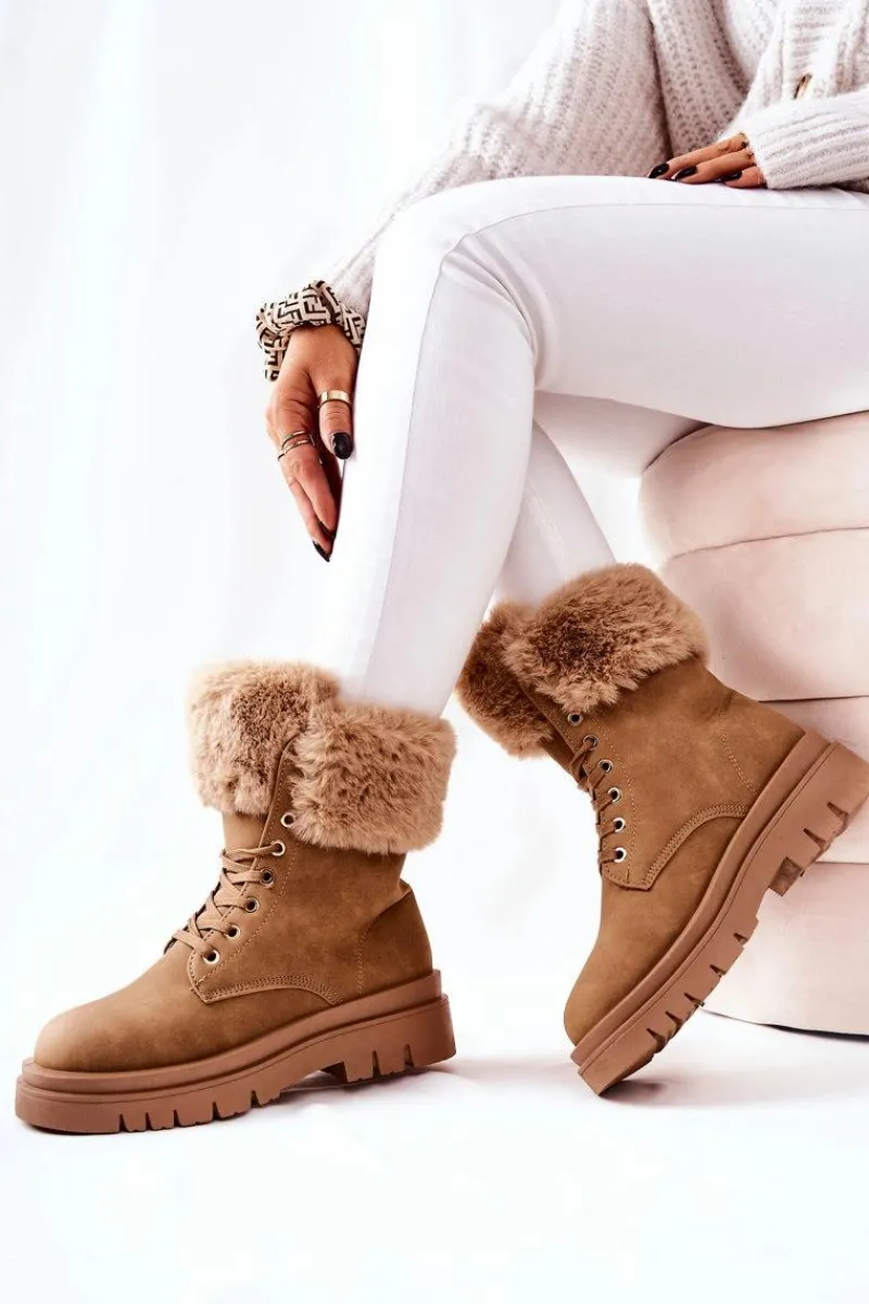 Hot Skórzane Ocieplane Botki Z Futerkiem Beżowe Farley Damskie Damskie Trapery|Botki Sznurowane