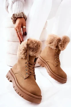 Hot Skórzane Ocieplane Botki Z Futerkiem Beżowe Farley Damskie Damskie Trapery|Botki Sznurowane