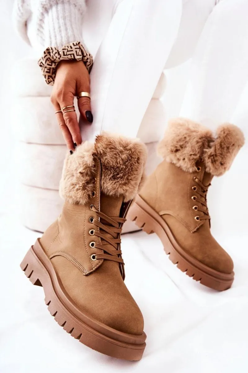 Hot Skórzane Ocieplane Botki Z Futerkiem Beżowe Farley Damskie Damskie Trapery|Botki Sznurowane