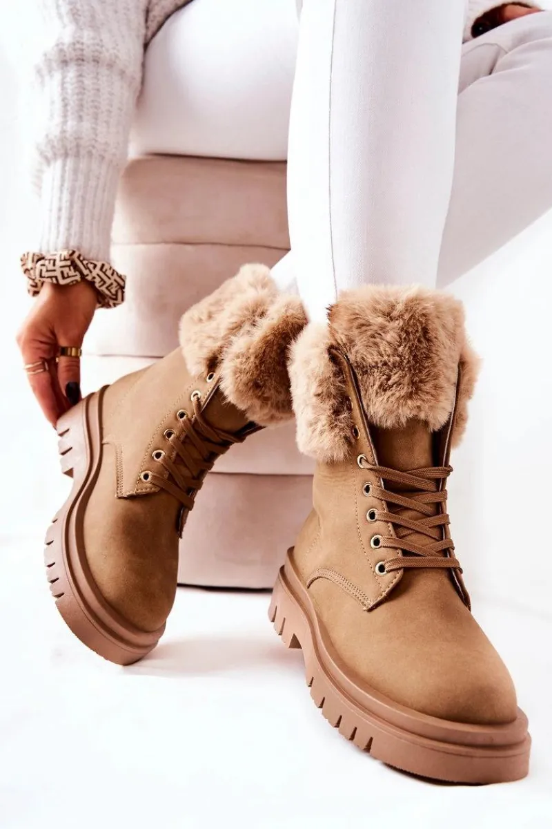 Hot Skórzane Ocieplane Botki Z Futerkiem Beżowe Farley Damskie Damskie Trapery|Botki Sznurowane