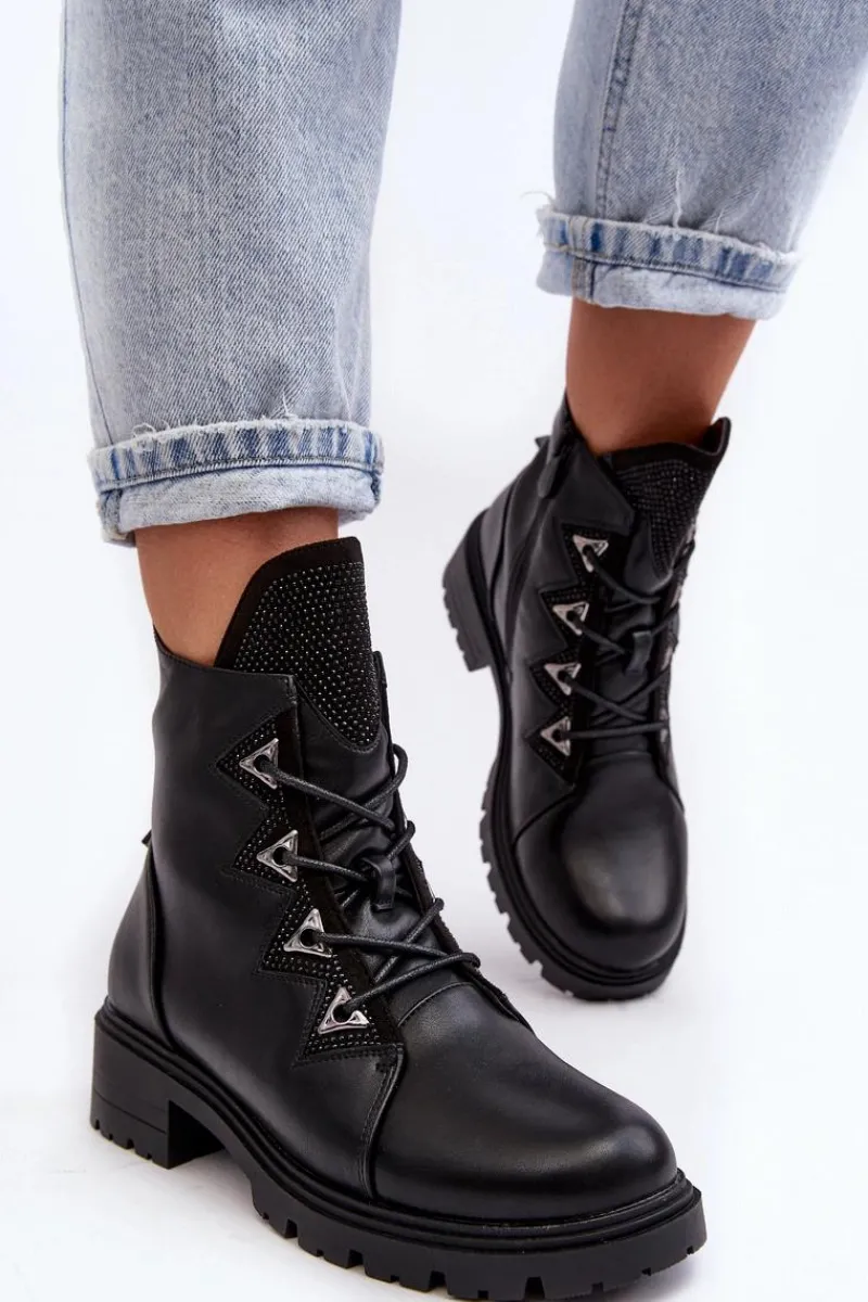 Sale Damskie buty S.Barski Skórzane Ocieplane Botki Z Dżetami Czarne Gwen S.Barski HY93-52A