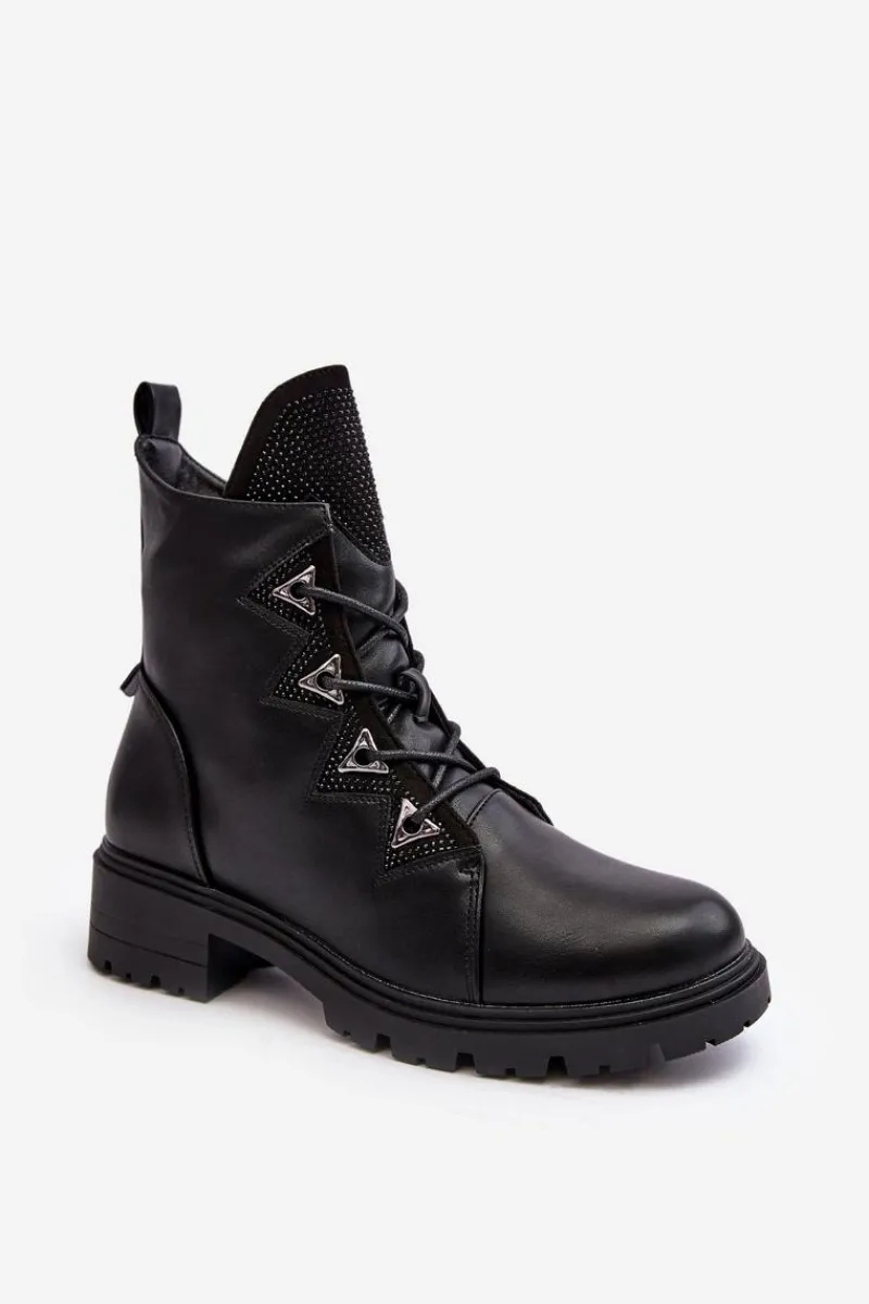 Sale Damskie buty S.Barski Skórzane Ocieplane Botki Z Dżetami Czarne Gwen S.Barski HY93-52A