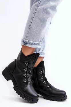 Sale Damskie buty S.Barski Skórzane Ocieplane Botki Z Dżetami Czarne Gwen S.Barski HY93-52A