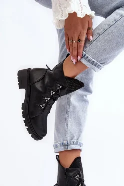 Sale Damskie buty S.Barski Skórzane Ocieplane Botki Z Dżetami Czarne Gwen S.Barski HY93-52A