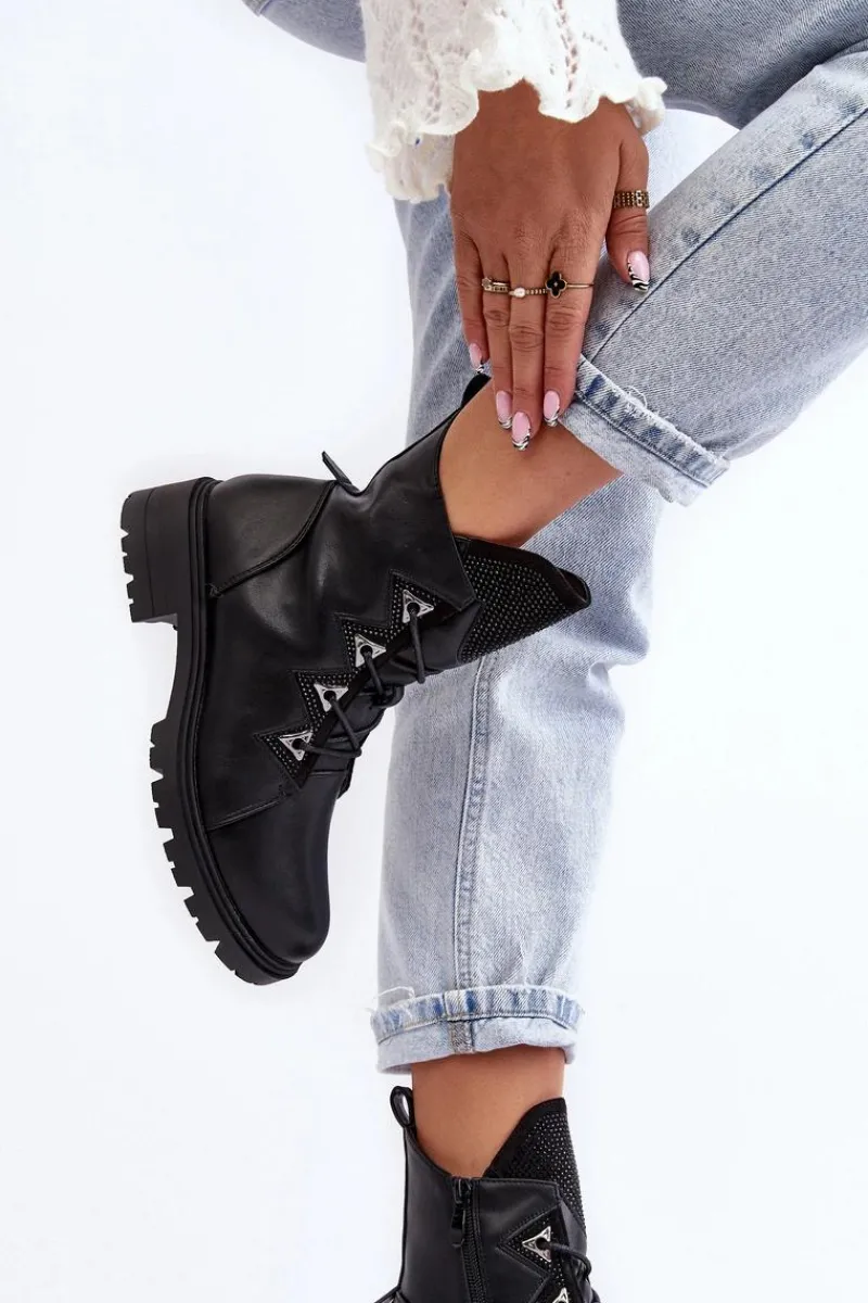 Sale Damskie buty S.Barski Skórzane Ocieplane Botki Z Dżetami Czarne Gwen S.Barski HY93-52A