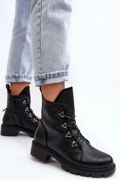 Sale Damskie buty S.Barski Skórzane Ocieplane Botki Z Dżetami Czarne Gwen S.Barski HY93-52A