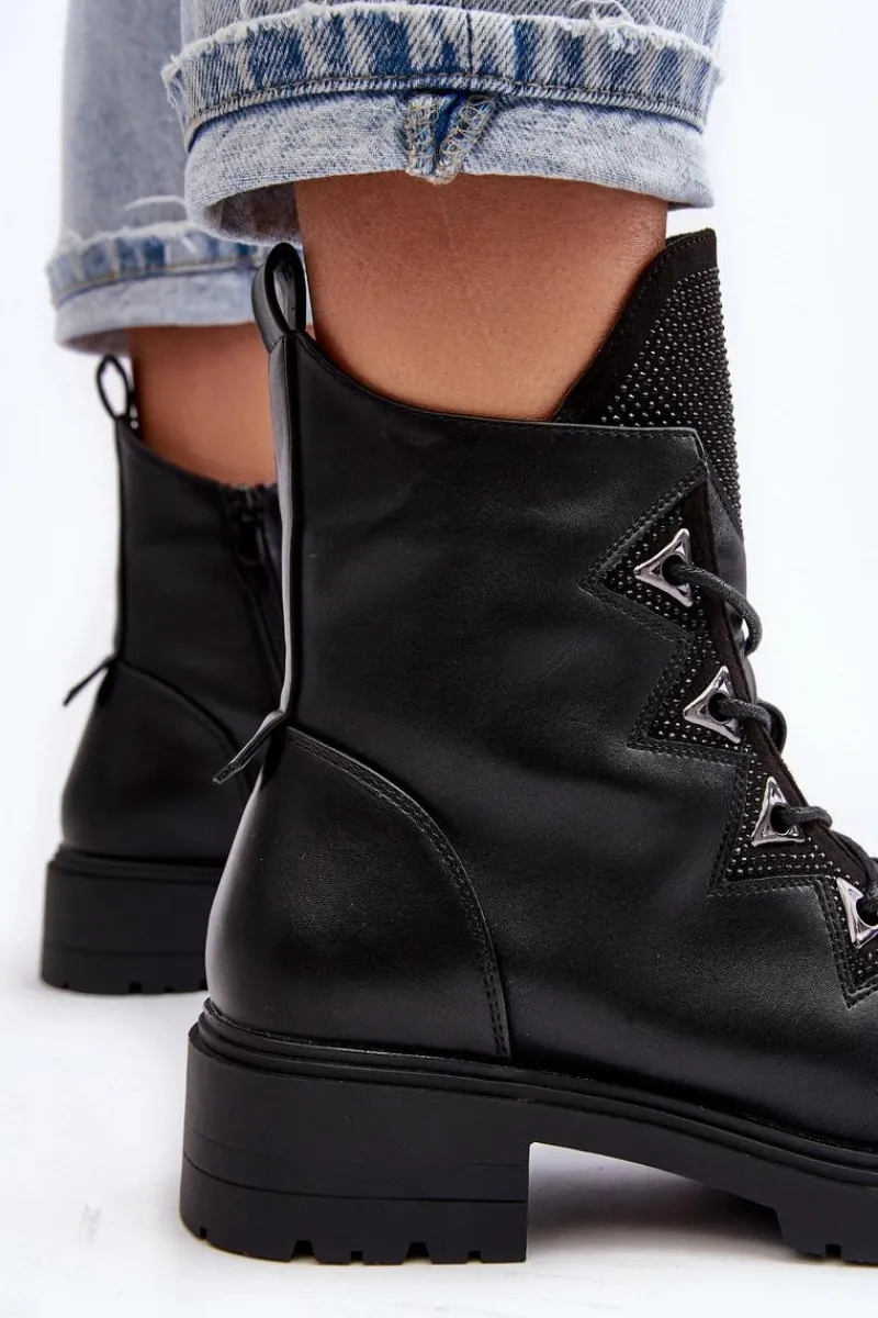 Sale Damskie buty S.Barski Skórzane Ocieplane Botki Z Dżetami Czarne Gwen S.Barski HY93-52A