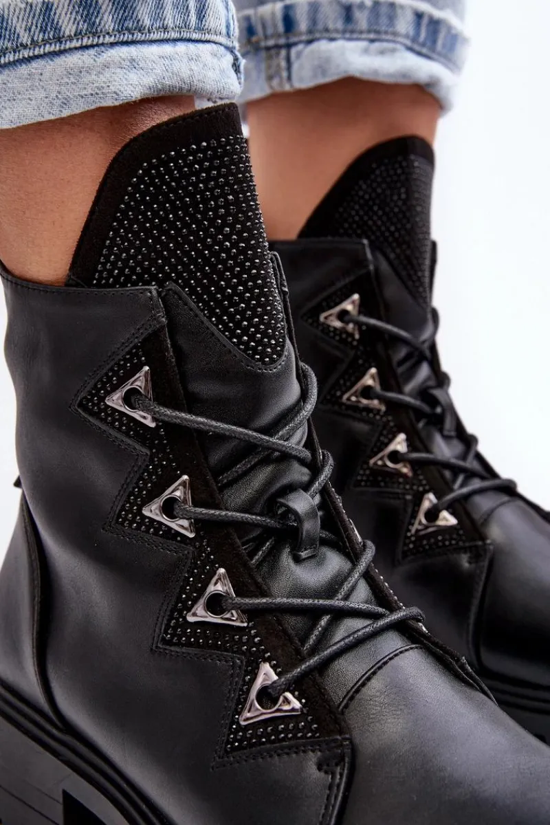 Sale Damskie buty S.Barski Skórzane Ocieplane Botki Z Dżetami Czarne Gwen S.Barski HY93-52A