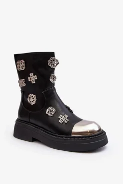 Czarne Botki|Botki Zimowe Damskie>Damskie buty S.Barski Skórzane Ocieplane Botki Z Ozdobami D&A MR870-14A Czarne