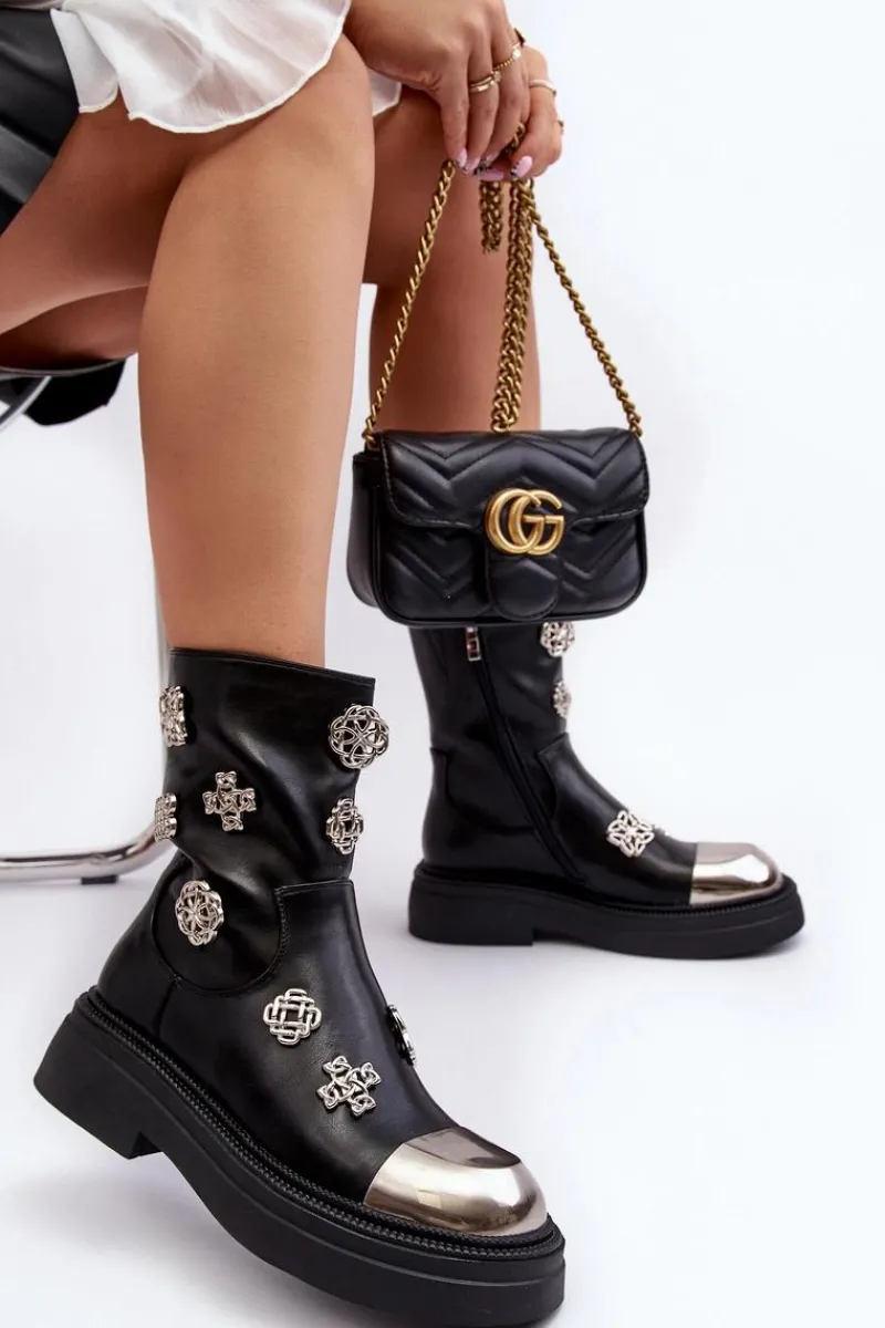 Czarne Botki|Botki Zimowe Damskie>Damskie buty S.Barski Skórzane Ocieplane Botki Z Ozdobami D&A MR870-14A Czarne