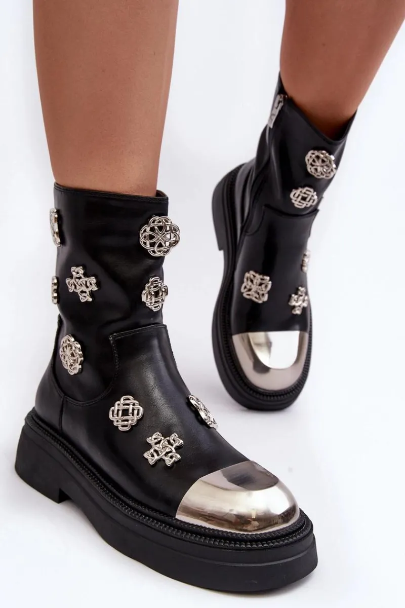 Czarne Botki|Botki Zimowe Damskie>Damskie buty S.Barski Skórzane Ocieplane Botki Z Ozdobami D&A MR870-14A Czarne