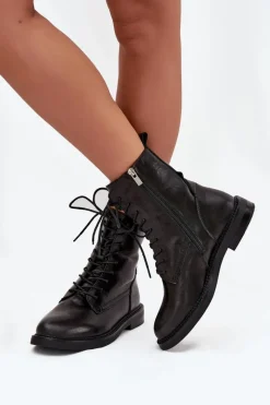 Online Big Star Shoes Skórzane Ocieplane Damskie Botki Workery Big Star SS274480 Czarne