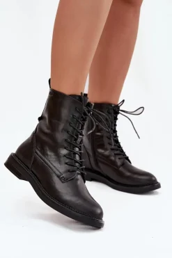 Online Big Star Shoes Skórzane Ocieplane Damskie Botki Workery Big Star SS274480 Czarne