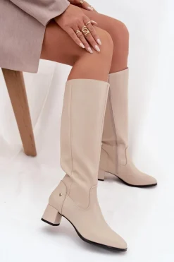 Best Skórzane Ocieplane Kozaki Damskie Na Obcasie A7165-04 Beżowe Damskie Kozaki Ocieplane|Muszkieterki