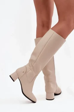 Best Skórzane Ocieplane Kozaki Damskie Na Obcasie A7165-04 Beżowe Damskie Kozaki Ocieplane|Muszkieterki