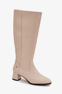 Best Skórzane Ocieplane Kozaki Damskie Na Obcasie A7165-04 Beżowe Damskie Kozaki Ocieplane|Muszkieterki