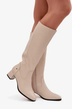 Best Skórzane Ocieplane Kozaki Damskie Na Obcasie A7165-04 Beżowe Damskie Kozaki Ocieplane|Muszkieterki